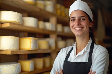 A confident cheese maker stands amidst aging rounds of cheese on wooden shelves, showcasing her dedication and expertise in the artisanal craft of cheese making.