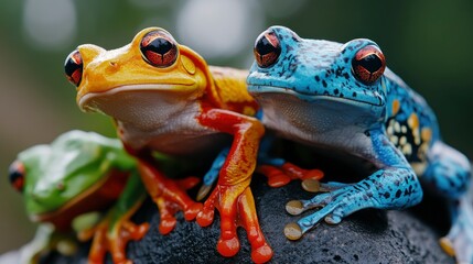 Naklejka premium Vibrant Trio of Rainforest Frogs Red-Eyed Tree Frog, Blue and Green Poison Dart Frogs