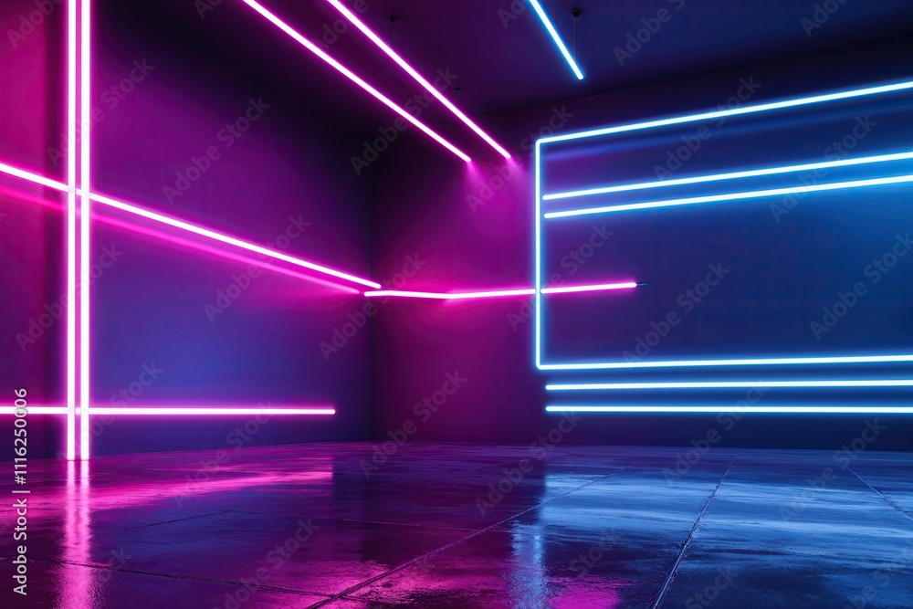 Poster 3d abstract neon background rendering with pink and blue lines and floor reflection