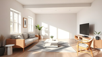 Fototapeta premium : Sleek modern living room with light wood furniture, white walls, and a geometric rug 