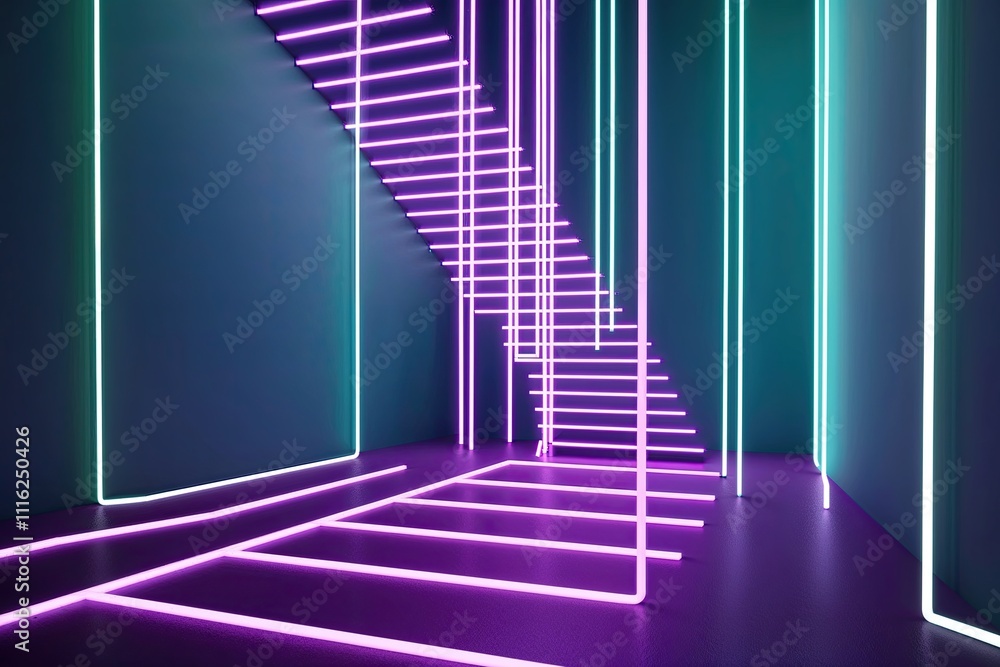 Poster three dimensional neon abstract environment with ascending light lines