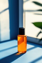 A stylish bottle filled with orange liquid sits in bright sunlight, casting fascinating patterns of light and shadow onto a floor via partially open window blinds.