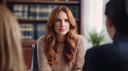 Fototapeta premium An elegant female advocate participating in a negotiation or mediation session, sitting across from clients with a calm and reassuring demeanor