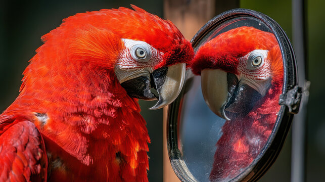 vibrant red bird preening its feathers in front of mirror