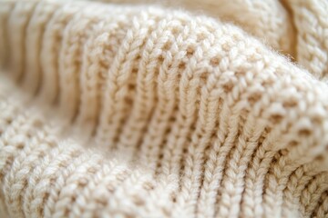 A detailed closeup of a beige knitted woolen fabric.