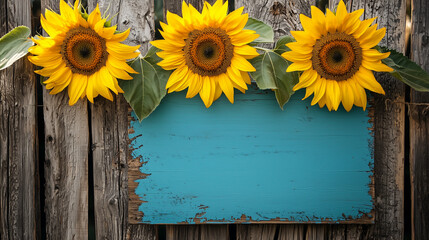 Blank antique blue sign with large yellow sunflowers hanging on rustic wood fence. Blank teal blue sign with three bright yellow sunflowers hanging on rustic wooden background 