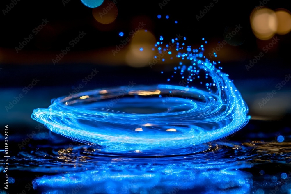 Poster bright blue water splash with dynamic swirls and sparkling particles, capturing the essence of fluid