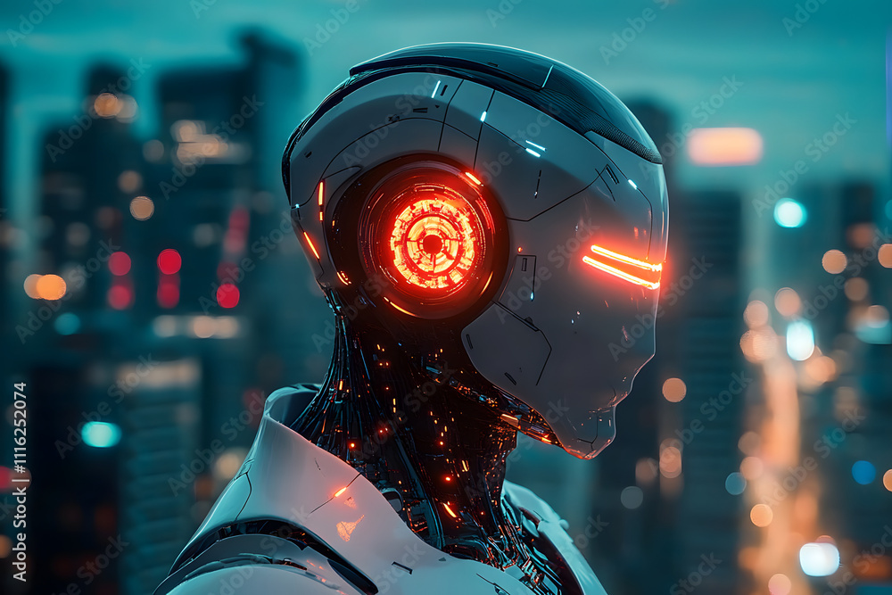 Poster futuristic robot with glowing eye against cityscape generative ai image