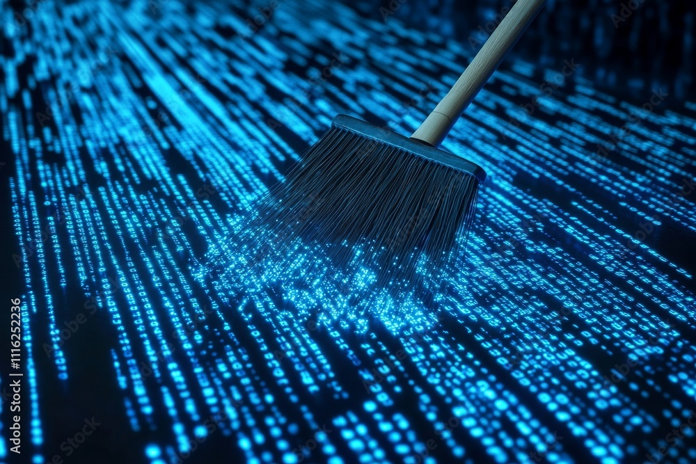 Aufkleber a broom sweeps away glowing blue binary code, symbolizing data deletion and data clearance