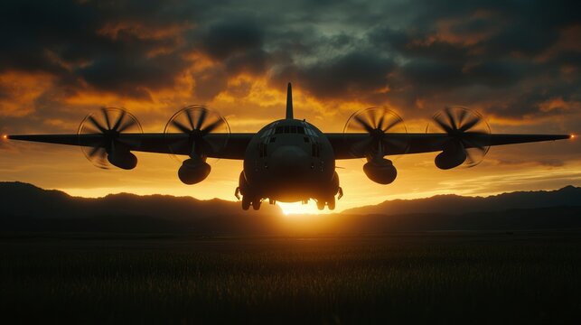 Lockheed C-130 Hercules Military Transport Aircraft Landing at Sunset