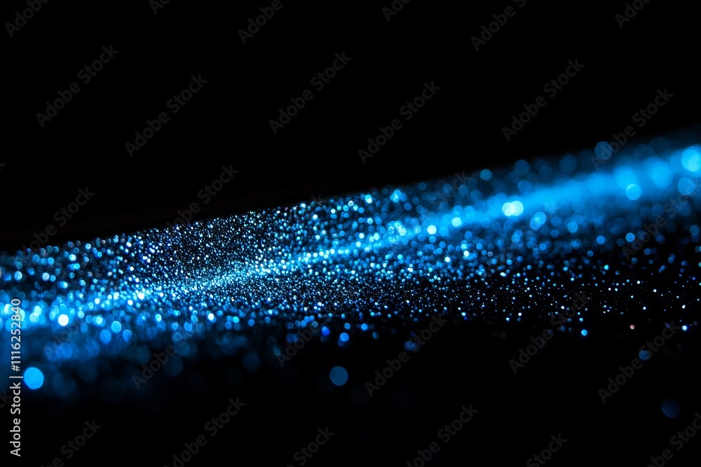 Poster brilliant blue particles dancing on a dark surface, creating a magical and ethereal atmosphere fille