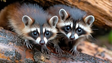Obraz premium Two Adorable Baby Raccoons on a Log