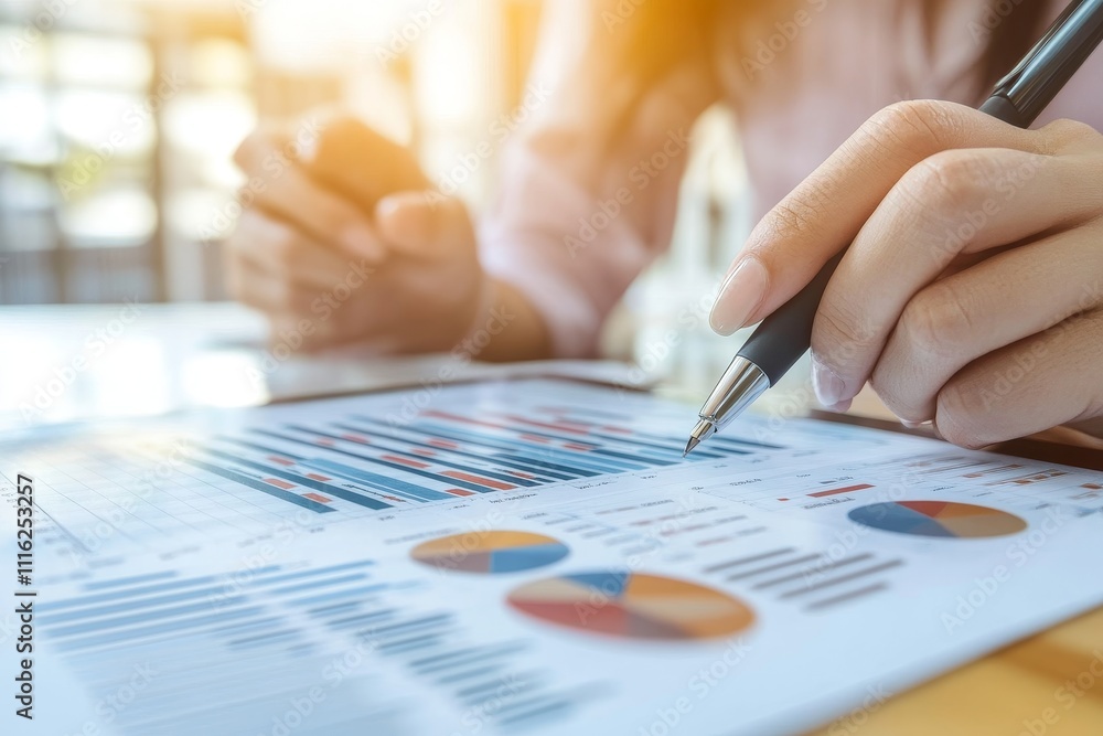 Poster business professional analyzing financial data on tablet with colorful charts and graphs, focusing o