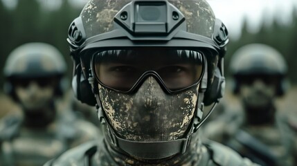 Fototapeta premium Close-up Portrait of a Camouflaged Soldier in Combat Gear