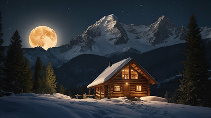 Fototapeta premium Moonlit Majesty: A Cozy Mountain Retreat