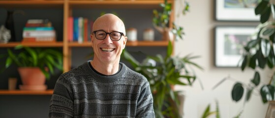 Fototapeta premium A smiling man in a cozy sweater sits in a home library with wooden shelves filled with books and plants, radiating warmth and curiosity.