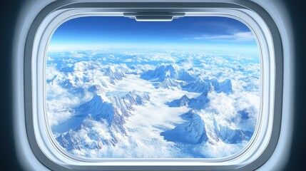 Fototapeta premium Aerial View of Majestic Snowy Mountains through Aircraft Window