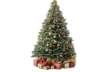 A decorated Christmas tree surrounded by various wrapped gifts. transparent background