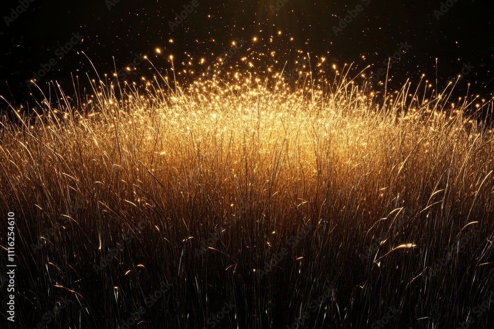 Aufkleber captivating glow of sparkling golden light over grass in a dark environment, creating a magical and 