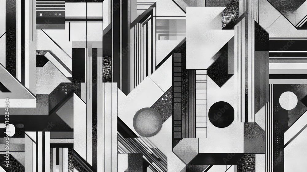 Poster a grayscale pixel pattern featuring symmetrical lines and geometric shapes, with a mix of light and 