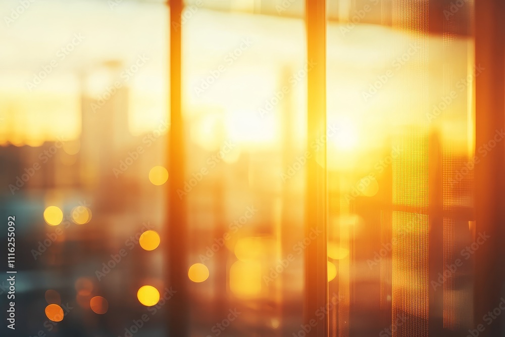 Poster captivating warm golden glow of sunset reflected on windows through cityscape creating a dreamy atmo