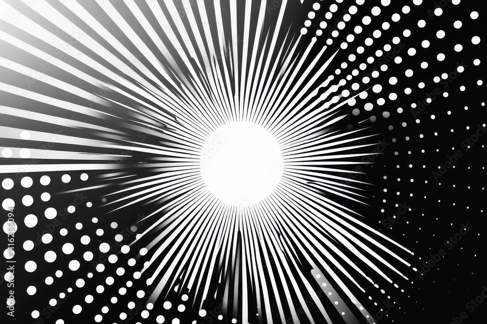 Fototapete black and white halftone background with sun rays, vector illustration. pop art style. white space i