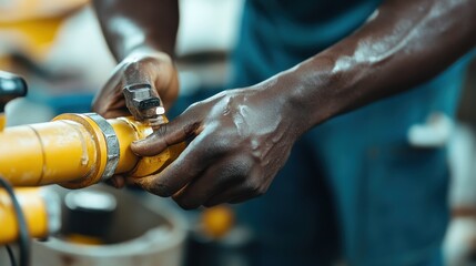 Close-up of hands with expertise delicately adjusting valves on a pipeline, signifying technical skill and attention to detail in a professional, mechanical environment.