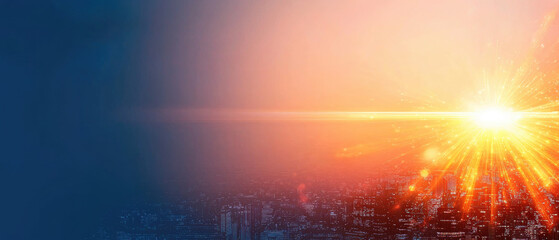 Obraz premium A vibrant sunrise casts golden rays over a city skyline, blending warm colors with the cool hues of dawn, symbolizing new beginnings and opportunities.