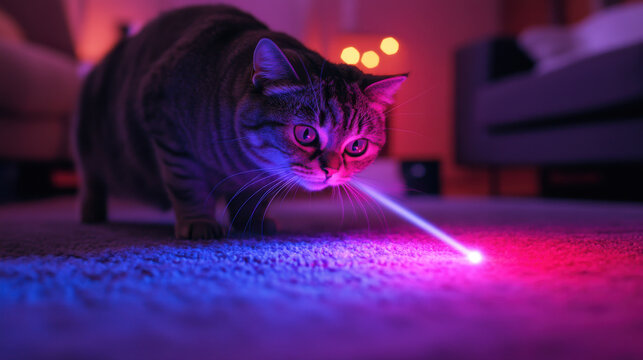 cat chasing laser pointer beam in cozy living room