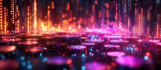 Obraz premium Abstract background of glowing discs and light streaks, vibrant colors and futuristic design.