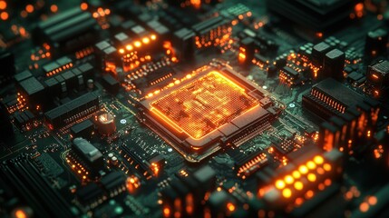 Obraz premium Close-up of a glowing CPU on a circuit board, highlighting the intricate circuitry and technological advancement.