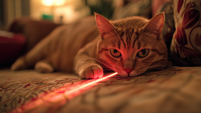 Cozy cat chasing laser pointer in warm living room