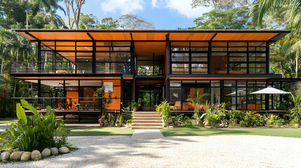 Fototapeta premium Modern tropical home with expansive windows, wooden accents, and lush landscaping.