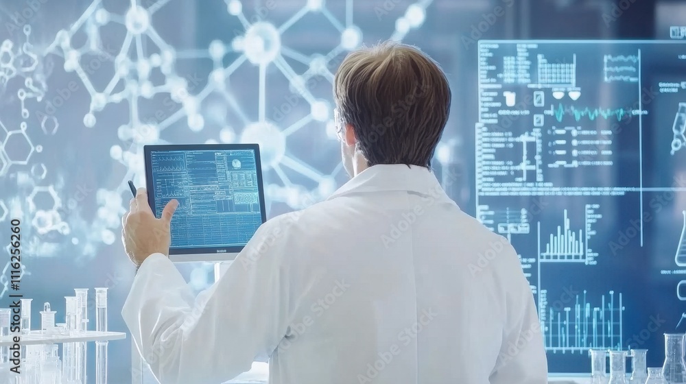 Poster scientist analyzing data on computer screen in futuristic laboratory