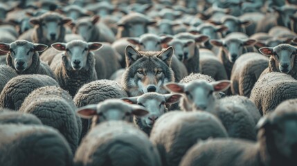 Obraz premium Cunning wolf in sheep s clothing among flock, symbolizing deception and hidden intentions