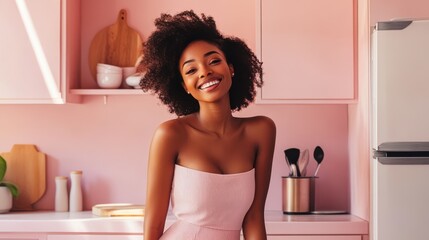 A joyful woman stands in a pastel pink kitchen, embodying happiness and style while surrounded by modern kitchen decor, utensils, and vibrant aesthetics.
