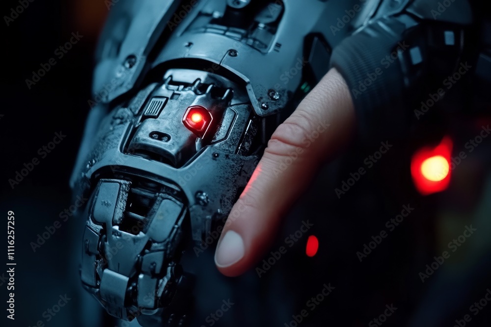 Aufkleber close-up of a futuristic robotic arm with intricate details and a glowing red light, showcasing adva