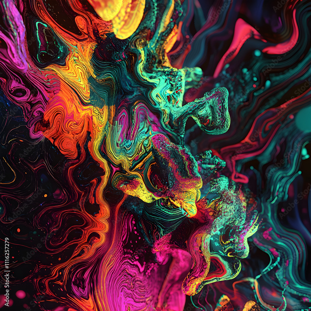 Poster dynamic abstract art displaying vibrant colors and fluid shapes digital artwork studio environment c
