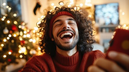 A cheerful man with curly hair and headband, laughing joyfully, embodying the festive spirit against a backdrop of bright holiday decorations and warm lights.
