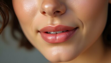 Naklejka premium A close-up of a woman's face, showing her lips and part of her nose and cheek. The skin tone appears light and the lips are a natural pink color