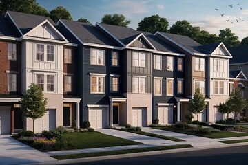 Obraz premium Modern Townhouse Neighborhood Visualization in Suburban Landscape