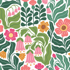 Seamless vector pattern with boho flowers. Hand drawn retro groovy floral background. Perfect for textile, wallpaper or nursery print design. EPS10 vector file.