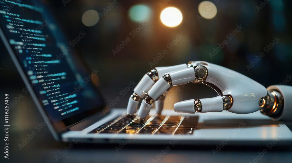 Poster a robotic hand typing on a laptop, showcasing the integration of technology and artificial intellige