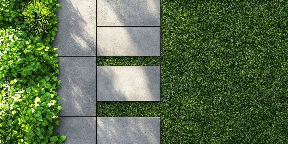 Poster gray stepping tiles create a unique floor design alongside a strip line of concrete pavement, perfec
