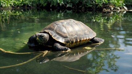 Turtle Basking on a Log in a Pond