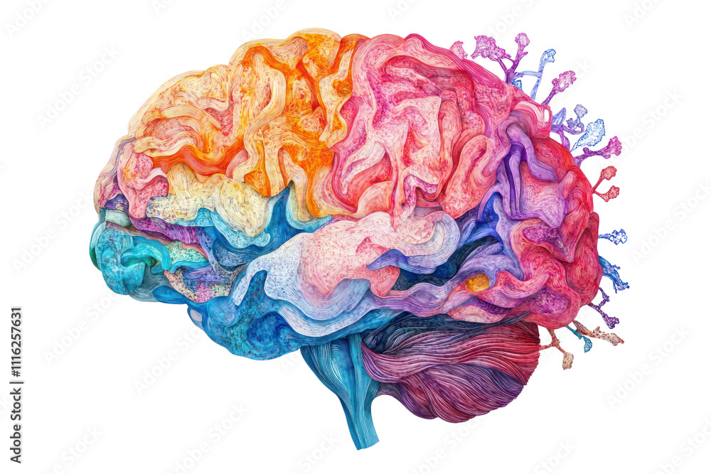 Poster an artistic rendering of a human brain, featuring a vibrant color palette that emphasizes the differ