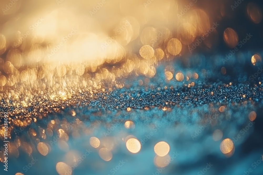 Aufkleber close-up of beautiful water droplets on surface with soft bokeh effect in golden and blue tones, cre