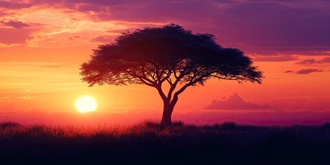 Obraz premium Silhouette of an African tree at sunset, showcasing the stunning beauty of nature with the silhouette of the African tree against a vibrant sunset backdrop. Enjoy the peaceful ambiance created by the