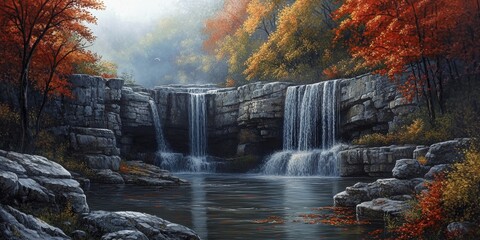 Tranquil waterfalls cascade softly over cliffs, surrounded by boulders and a serene river, showcasing the beauty of fall foliage in this captivating natural scene.