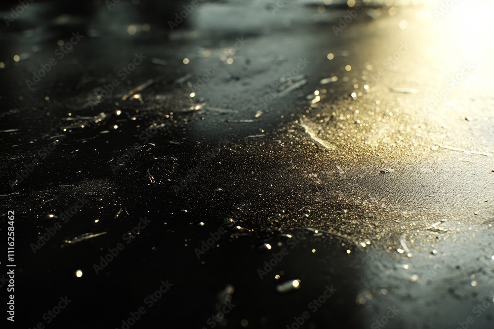 Poster close-up of glimmering surface with water droplets and soft light reflection on a dark background cr